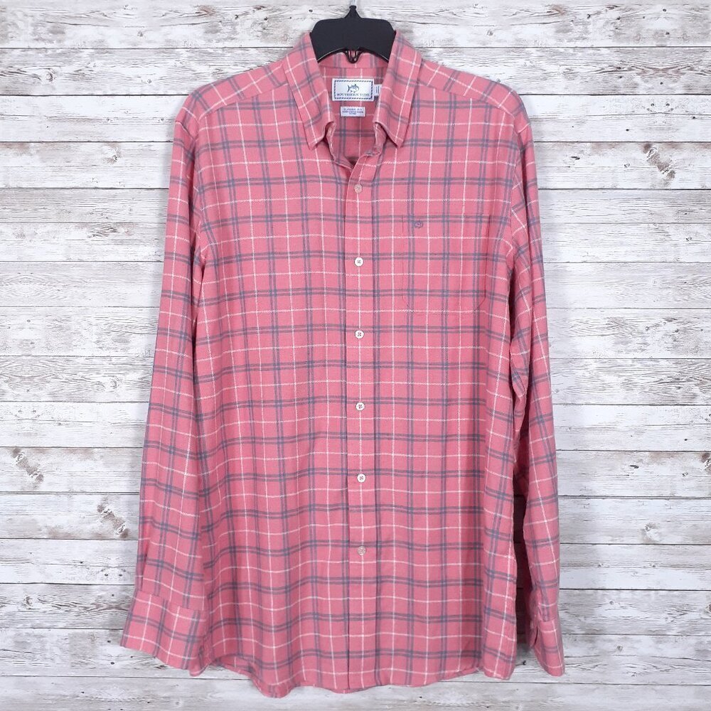 Southern Tide Mens Flannel Button Down Shirt M Pink Plaid Hemp Blend 508